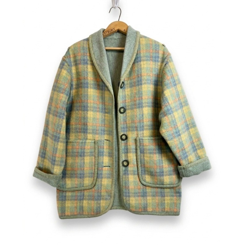 La Sienne Collection Reversible Wool Angora Jacket Plaid Sage Green Italy 36
